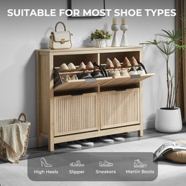 VIPLUMI 4 Flip Drawers Shoe Cabinet Storage for Entryway, Narrow Hidden Wood Shoes Organizer Cabinet Front Door Entrance Thin Free Standing Front Door Shoe Rack Storage for Entryway(Oak)