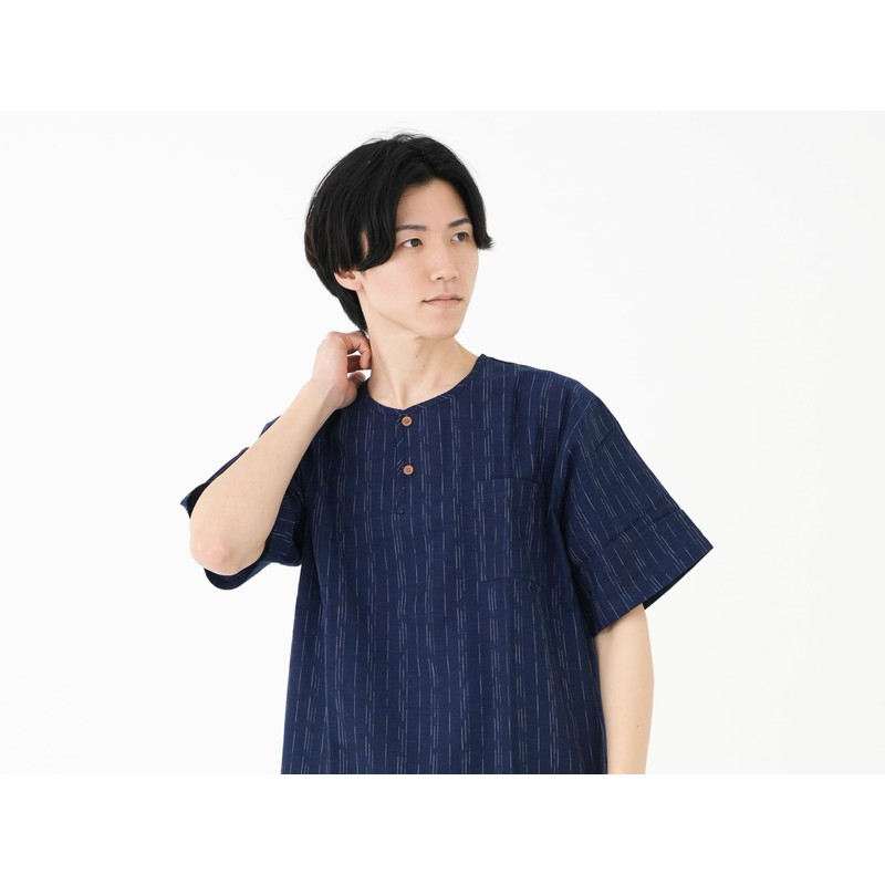 Men’s Jinbei Shirt and Shorts Set, Summer, Henley Neckline, Cotton-Linen,