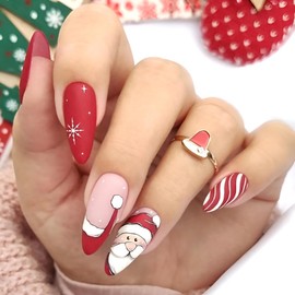 Christmas Almond Press on Nails Medium Red Santa Claus Fake Nails with Snowflake Design Winter False Nails Acrylic Nails Full Cover Glue on Nails Stick on Nails for Women and Girls