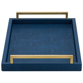 XIGEXIGE Navy Blue Decorative Tray,Serving Tray with Handles,Shagreen Leather coffee table tray rectangle for Home decor,Large Ottoman Tray for Living Room,Bathroom