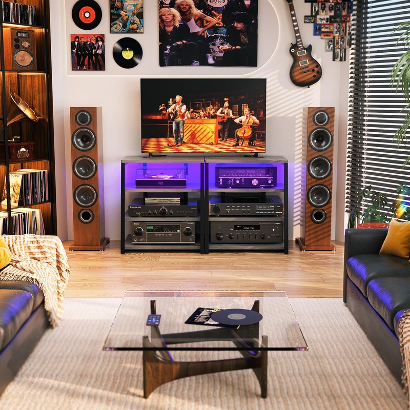 AV Media Stand with Outlets, Media Console with LED Lights,