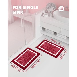 Color G Red White Bathroom Rug Set 2 Pieces, Absorbent Bath Mat Set of 2, 16"x24"+16"x24" Non Slip Shower Mat Bathroom Carpet, Soft Washable Microfiber Bathmat Bathroom Floor Mat Easy Clean