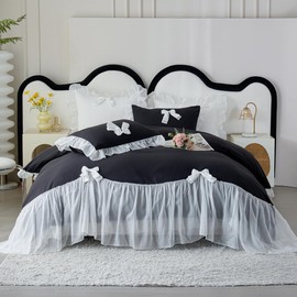 IHOUSTRIY Duvet Cover Queen Size, Ruffle Beddding Set with Bowtie, 3 Pieces Comforter Cover Set with Zipper Closure, Girl Princess Bedding with Pillowcase - Black, Queen