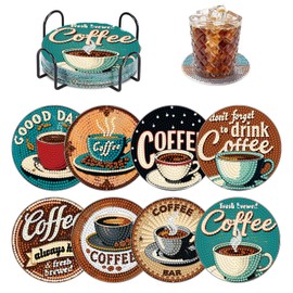 8 PCS Coffee Diamond Art Coasters Kits, Diamond Painting Coasters with Holder Set of 8, DIY Drink Art Crafts Supplies for Adults Cup Mat House Warming Gifts Non-Slip 3.9inch