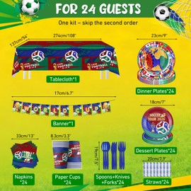 2026 Soccer Party Decorations, 194PCS World Soccer Birthday Flags Tableware Kit, Including 7 & 9 Inch Plate, 24PCS Paper Cup & Straws Knives, Forks, Spoons, 1 Banner, 1 Tablecloth for Living Room