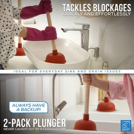 Sink & Drain Plunger Sink Unblocker with Strong Traditional Wooden Handle - Plunger Toilet Unblocker with Strong Suction Performance - Toilet Sink Plungers (Pack of 2)