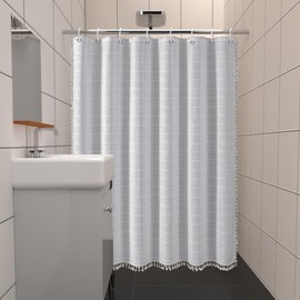 ggaimwf Striped Farmhouse White Shower Curtain Boho Linen Fabric Shower Curtains for Bathroom, Tall Country Neutral Thick Bathroom Curtain Set with Tassel - Bohemian Cloth Shower Curtain 72x78 Inch