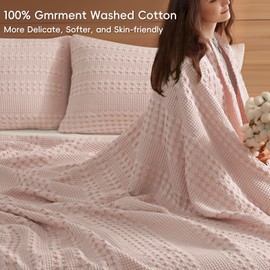 PHF 100% Cotton Waffle Weave Blanket Queen Size, Soft Lightweight Breathable Cozy Blankets for Bed, Luxury Aesthetic Woven Bedding for Home Decor, 90"x90", Pink