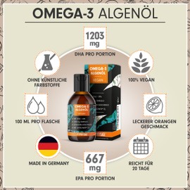 Omega-3 Algae Oil 200 ml - High Dose with 3665 mg Algae Oil, of which 1203 mg DHA & 667 mg EPA - Vegan Omega-3 Oil + Ahiflower Oil with Pleasant Orange Flavour - Laboratory Tested with Certificate - 2 x 100 ml