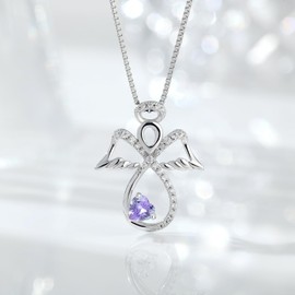 jiamiaoi Guardian Angel Wings Chain 925 Silver with 12 Months Birthstone, Angel Wings Pendant Necklace Infinity Chain Cross Necklace for Women Ladies, Cubic Zirconia