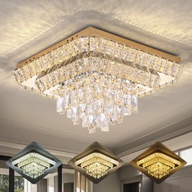 Miuyhji Elegant LED Gold Crystal Raindrop Ceiling Light,18 Inch Square Flush Mount Chandelier with Remote for Living Room Kitchen Island Bedroom Hallway Entryway Foyer (Dimmable)