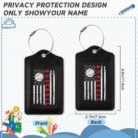2 Pack Leather Luggage Tag for Suitcase Vintage Baseball American Flag Unique Travel Tags with Privacy Cover ID Label & Stainless Steel Loop for Men and Women Baggage