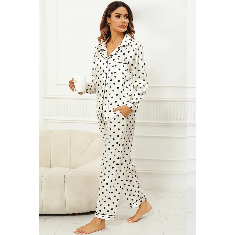 Anjue Silk Satin Pajamas Women Long Sleeve Silk Pjs Set
