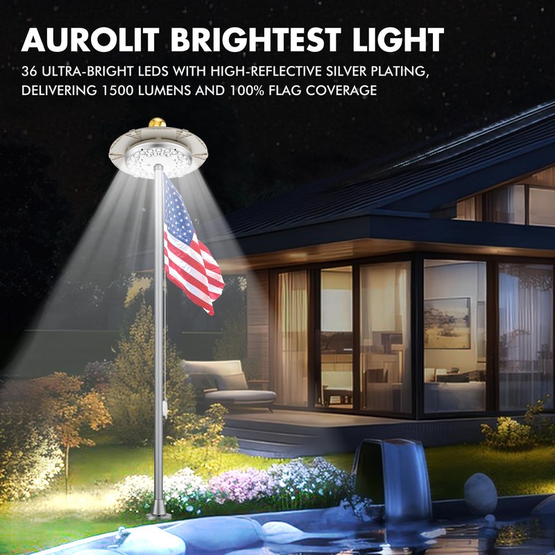 Aurolit Foldable Flag Pole Light Solar Powered, 1500 Lumen 36