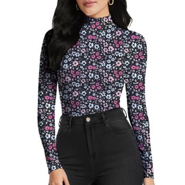 Womens Mock Turtleneck Under Tops(Black Floral,L)