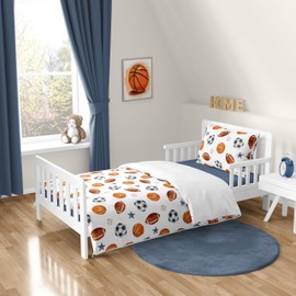 Sweet Jojo Designs Sports Theme Boy Toddler Bedding Set Kids Childrens 5p Bed in a Bag Comforter Blanket Pillowcase Sham Sheets Watercolor Vintage Soccer Balls Football Baseball Basketball Blue Stars