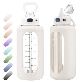 SIEROZUR 64 oz Glass Water Bottle with Straw and Handle Half Gallon Large Water Bottle with Silicone Sleeve and Time Marker Sports Water Jug Wide Mouth for Travel Gym