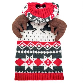 KYEESE New Year Dog Sweater Hoodie Reindeer Red Dogs Knitwear Pullover Pet Sweater with Leash Hole Ugly Christmas Dog Sweater for Small Dogs