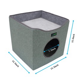 JESPET Foldable Cat Condo, Cat Cube House & Sleeper Bed with Lying Surface 2 Reversible Cushions, Cat Hiding Place, Cat Cave, Linenette Fabric, Felt and Engineered Wood, Scratch Resistant, Sage Green