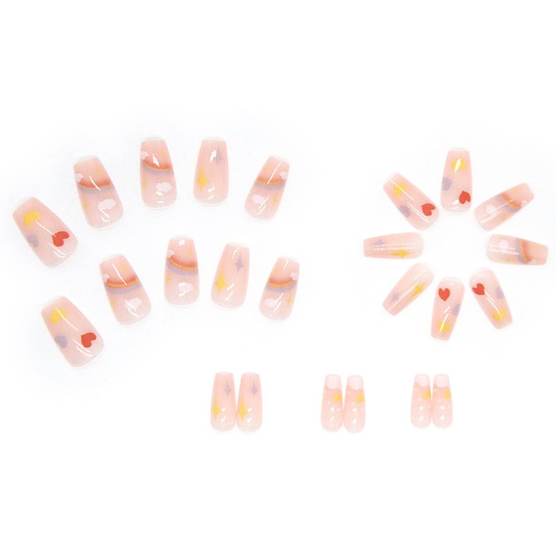 Medium Length Press On Rainbow Heart Acrylic Nails - 24