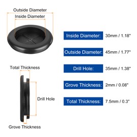 sourcing map 10Pcs Rubber Grommets 1-3/8" (35mm) Drill Hole, 1-1/4" (30mm) ID Single Sided Hole Plugs Ring Gasket for Firewall Cable Wire Protecting, Black