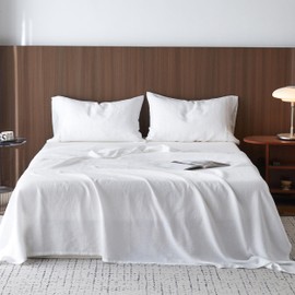 Simple&Opulence 100% Washed Linen Sheet Set-Natural French Flax Bed Sheet-4 Pcs Breathable,Ultra Soft,Farmhouse Bedding (1 Flat Sheet,1 Fitted Sheet,2 Pillowcases) with Lace Hemstitch-White, Queen