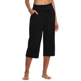 baleaf Women's Wide Leg Capris Yoga Cotton Crop Pockets Summer Capri Sweatpants Loose Lounge Casual Workout Pants Black Size M