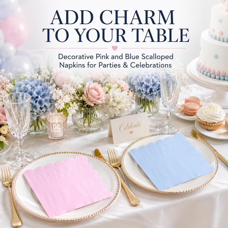 120 Pcs Pink and Blue Napkins,Gradient Pink and Blue Scalloped
