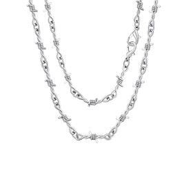 Silver Chain for Men Punk Necklace Barbed Wire Link Thorns Thistles 22'' Hip Hop Jewelry