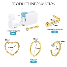 WillTen 12Pcs Nose Piercing Kit with 20G L Shape Nose Stud, 2Pack Nose Piercing Gun with Gold Nose Ring Stud, Self Disposable Safe Sterile Piercing Kit For Self At Home Nose Piercing Gun