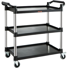 VEVOR Utility Service Cart, 3-Tier Food Service Trolley, 220LBS Load Capacity Rolling Utility Cart with Lockable Wheels, 40x19.3x38.6 Inch Utility Trolley for Office/Kitchen/Restaurant/Home, Black