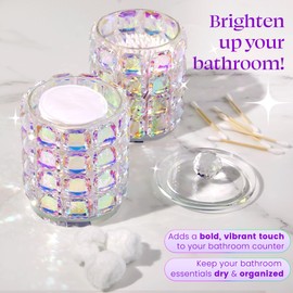 Bathroom Organizers and Storage, Crystal Qtip Holder, Makeup Brush Organizer, Bling Vanity Storage, Bathroom Essentials Accessories Decor for Cotton Balls, Swabs, Floss Picks, Hair Ties.Brushes