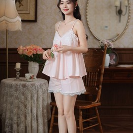 Homgro Women's Cute Pajamas Set Cotton Vintage Victorian Shorts Pjs Soft Summer Comfy Cami 2 Piece Spring Lightweight Sleepwear Light Pink Medium