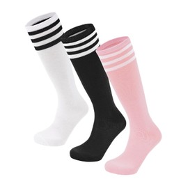 Century Star Kids Soccer Socks Youth Boys Softball Baseball Sock Girls Knee High Socks Sports Stripe Toddler Long Stocking Stripe Black&White&Pink 6-9 Years