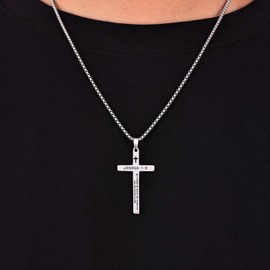 Fiusem Silver Tone Cross Necklace for Men,Bible Verse JOSHUA 1:9 Cross Pendant with 2.5mm Box Chain 22 Inch