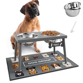 ADENGL Raised Dog Bowl Stand for Large Dogs, 10” Tall Elevated Feeder with Spill-Proof Mat, Stainless Steel 58OZ Bowls for Food & Water, Gray Color (Mat Size: 16x24”)