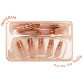 IMRAIN Press on Nails Long Square Fake Nails Brown Marble Gradient False Nails Glossy Glue on Nails Artificial Squoval Nude Nails for Women 24Pcs Full Cover Acrylic Gel Nails Stick on Nails