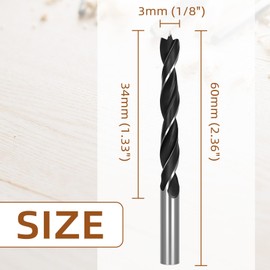 Brad Point Drill Bits 3mm (1/8"), Carbon Steel Wood Drill Bits for Furniture Hardwood Softwood Cupboard Wardrobe, 20 PCS