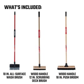 CRAFTSMAN CMXMKIT0080 3-Piece Heavy Duty Cleaning Tool Set with 10 in.All-Surface Wash,12 in. Scrubbing Deck Brush & 18 in. Push Broom, Brown