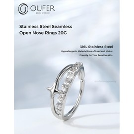 OUFER Star Nose Rings 20G, Open Double Hoop Nose Rings 316L Stainless Steel Sparkling CZ Nose Rings for Women Men-8MM