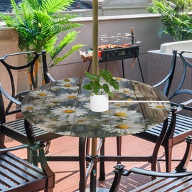 Round Fitted Daisy Wood Texture Outdoor Table Cover with Zipper - Elastic Edge - 45"-56" Patio Tablecloth with Umbrella Hole