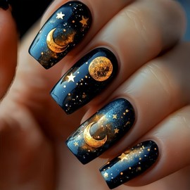 Press on Nails Medium Length Black Starry Sky Design Acrylic Nails Gold Moon Stars False Nails Full Cover Stick on Nails Stars Ball Fake Nails Artificial Coffin Nails Acrylic Glue on Nails for Women