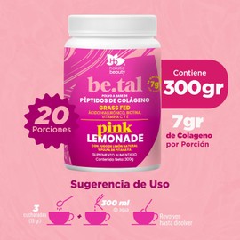 Holistic Beauty Peptidos de Colageno Grass Fed en Polvo Be.Tal Pink Lemonade sabor Limon - Pitahaya Acido Hialurónico, Biotina, Vitamina C, E 20 porciones, 300 gr