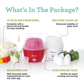 Euro Cuisine MSCX26 Electric Egg Cooker & Food Steamer with Auto Shut Off, Mini Rapid Egg Cooker for Soft, Medium, Hard Boiled Eggs, Steam Egg Maker, Vegetable Steamer Hard Boil Egg Cooker