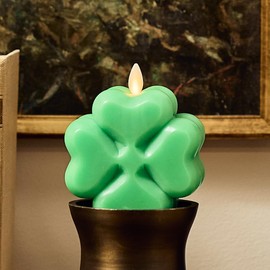 Luminara 4-Leaf Clover Candle - Flickering Real-Flame Technology- Flameless LED- Remote Ready- Classic Green St. Patrick's Day Shamrock- 3.9" x 4.3"