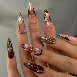 Brown nails,Custom Hand painted Acrylic Nails, 3D Press On Nail, Butterfly Nails,Blossom French Press On Nails,Ombre Nail Art,Girl gift - Size: Size XS, Shape: Extra Long Stiletto