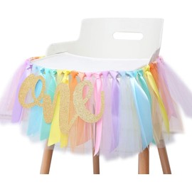 Pastel Rainbow High Chair Banner for Baby’s 1st Birthday - Party Supplies with Highchair Tutu Skirt & “One” Pennant, Ideal Rainbow Decor for Girls’ First Birthday (Rainbow Banner)