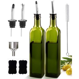 Leaflai 2 Pcs Glass Olive Oil Dispenser and Vinegar Dispenser Set with 2 Stainless Steel Pourers, 4 Labels, 1 Brush and 1 Funnel Oil Bottles for Kitchen (500ml)-Green