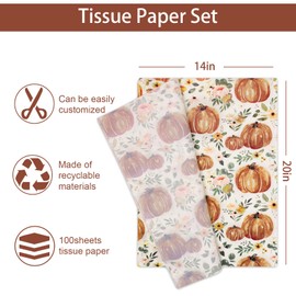 Whaline 100Pcs Fall Pumpkin Tissue Paper Leaves Blush Pink Floral Print Gift Wrapping Paper Vintage Packaging Paper for Autumn Harvest Thanksgiving Baby Shower Birthday Party Decor, 14 x 20 Inch