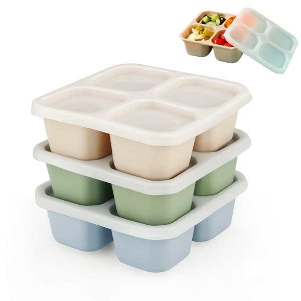 PandaEar 3 Pack Snack Containers, 4 Compartment Silicone Bento Lunch